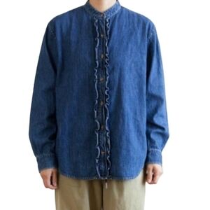 Vintage Jones Jeans Denim Mandarin Collar Ruffle Front Chambray Shirt Size L